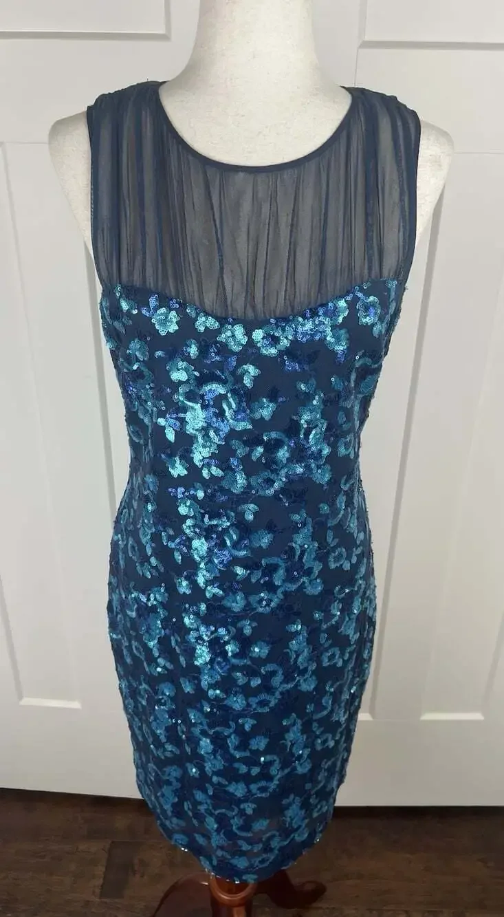 Belle Badgley Mischka Dress 8 Blue Sequin Mesh Sheath Cocktail NWT $219